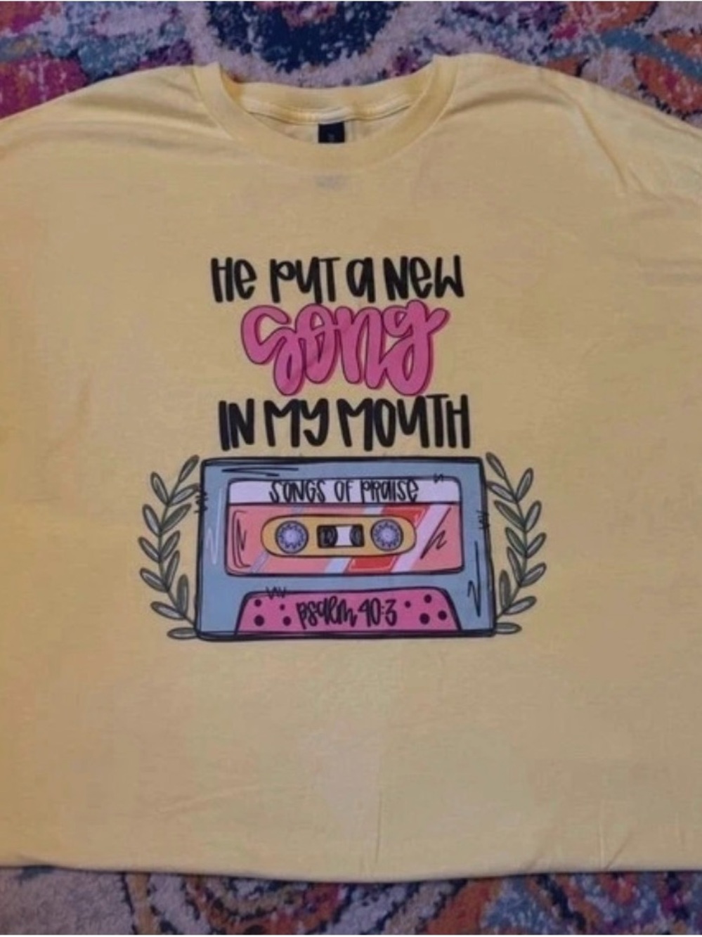 Gildan Yellow Graphic Tee with Pink & Blue Cassette Art